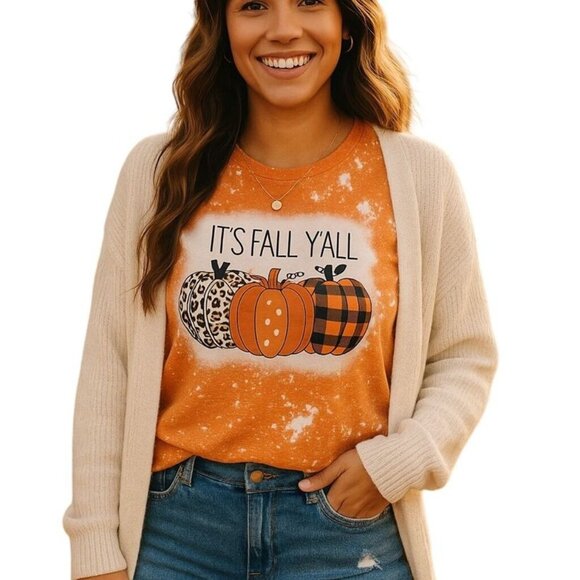 Its Fall Yall T Shirt Sz Medium Graphic Print Orange Pumpkin Design Casual Top - Picture 8 of 9